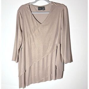 Chicos Travelers 3 Dressy Top Sz XL Tan Gold Shimmer Metallic Career Layered 3/4